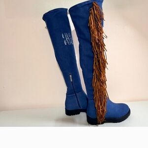 Cape Robbin Blue Over-the-Knee Boots with Brown Fringe